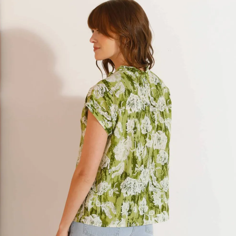 Chemisier manches courtes col volanté, imprimé floral