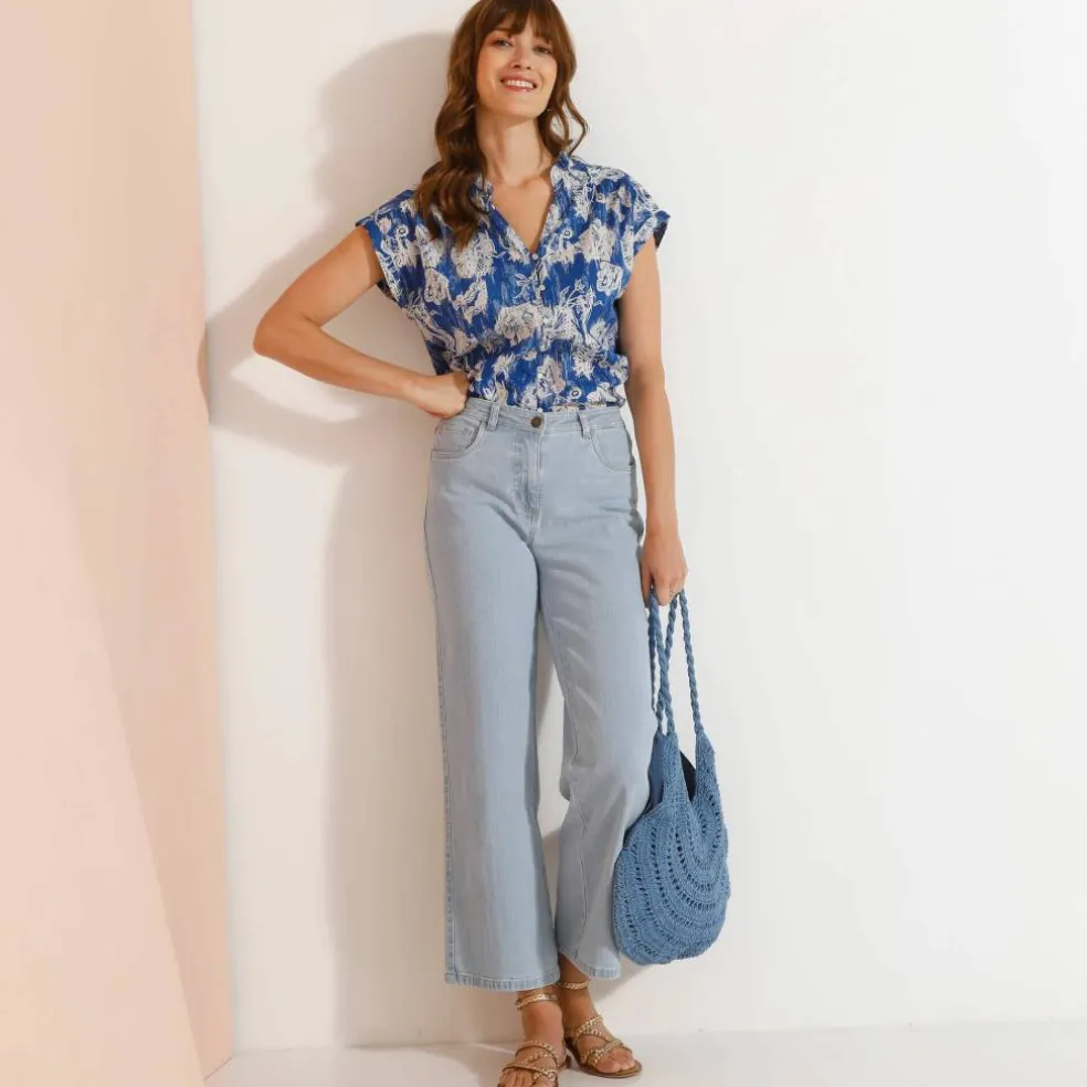 Chemisier manches courtes col volanté, imprimé floral