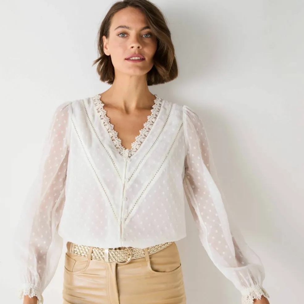 Chemisier voile plumetis, détails macramé