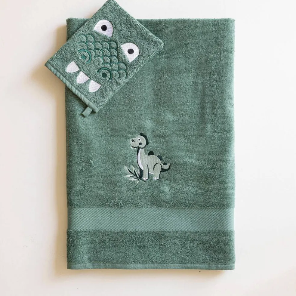 Collection éponge enfant brodée dinosaure coton - 380 g/m²