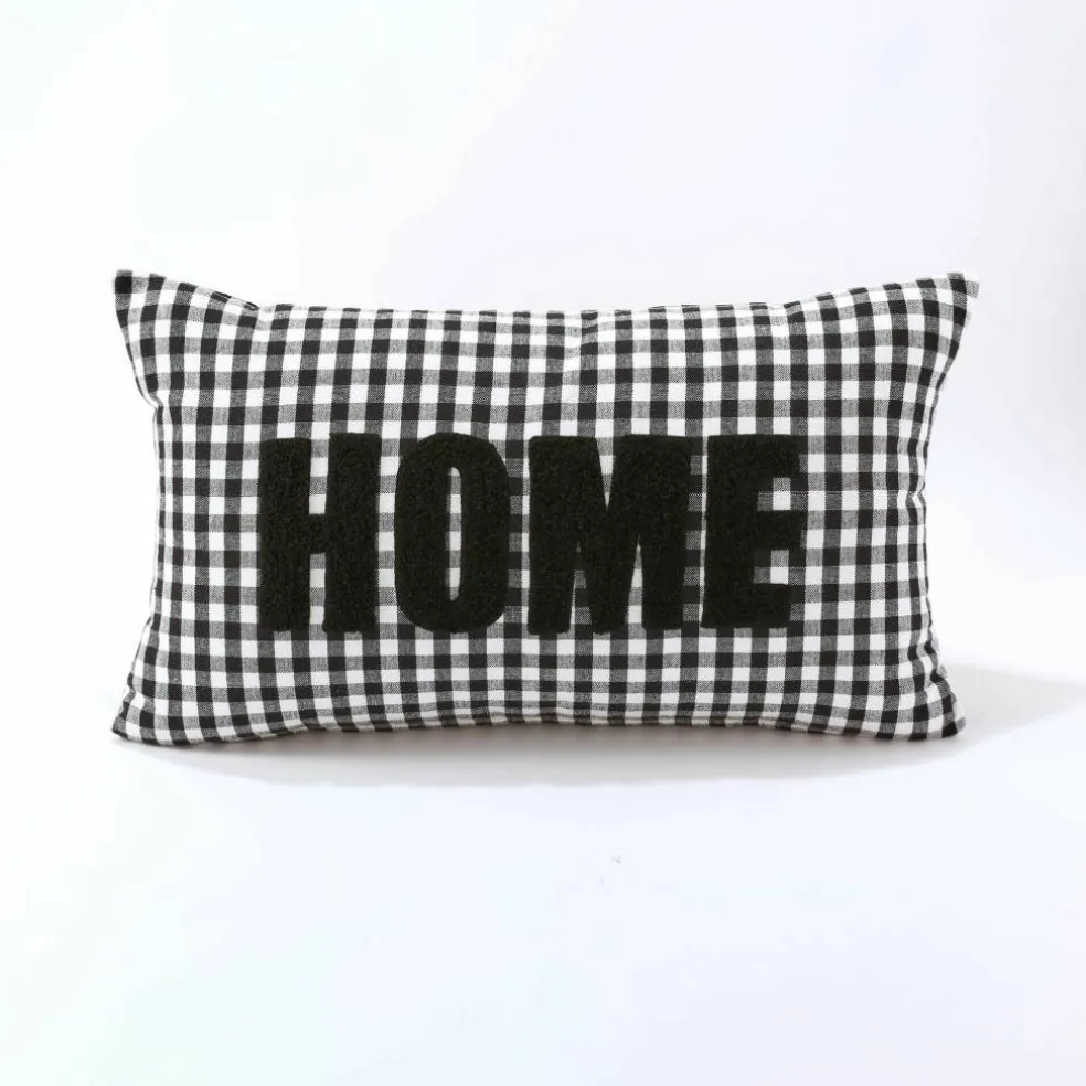 Coussin en coton, message HOME et carreaux tissé-teint