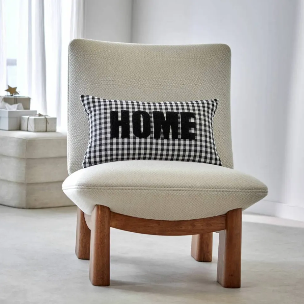 Coussin en coton, message HOME et carreaux tissé-teint