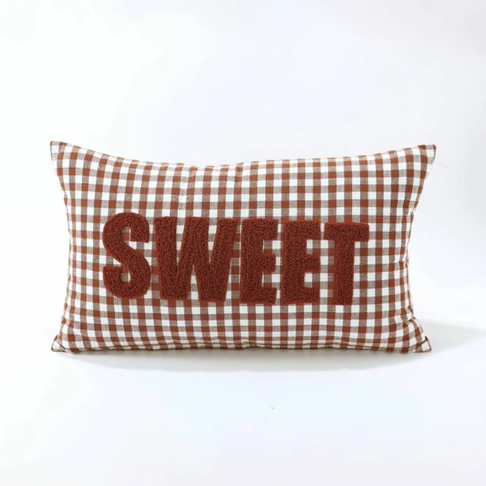 Coussin en coton, message SWEET et carreaux tissé-teint