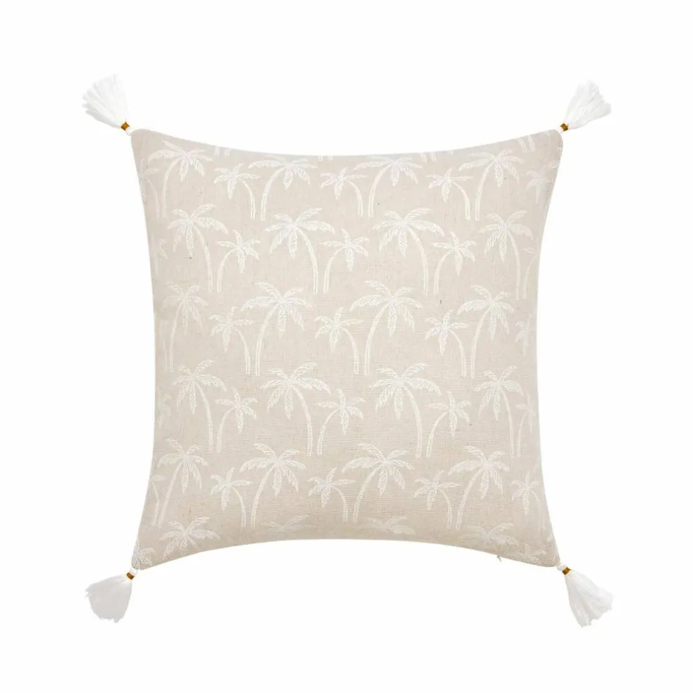 Coussin imprimé palmiers et pompons