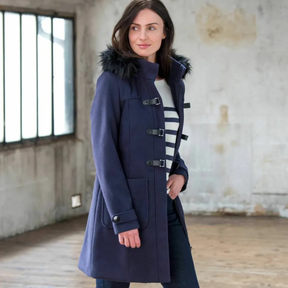 Duffle-coat capuche fausse fourrure uni