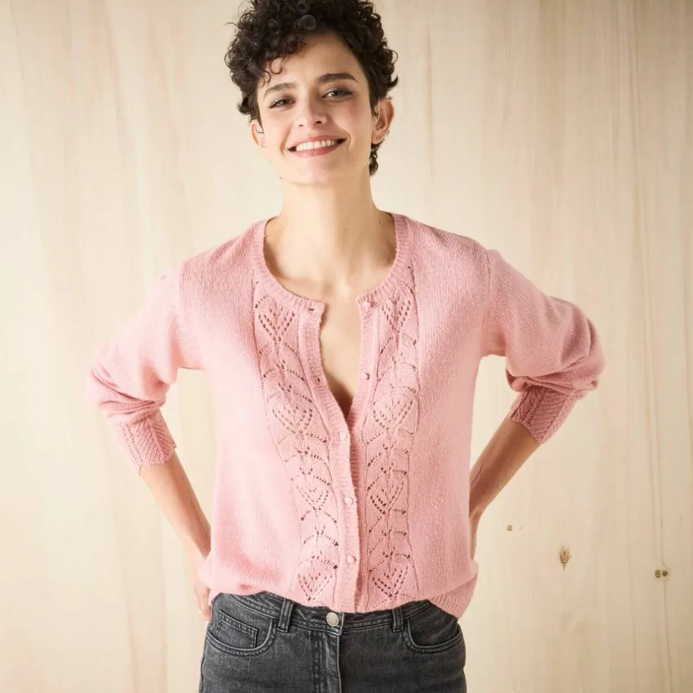 Gilet boutonné, maille ajourée