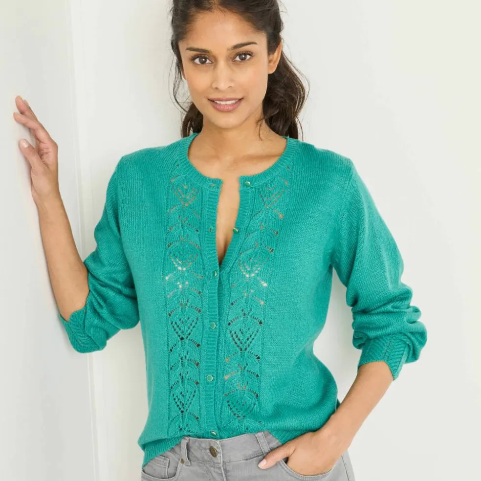 Gilet boutonné, maille ajourée