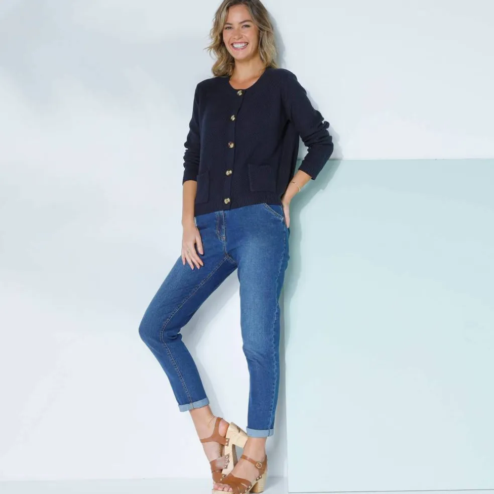 Gilet paletot maille fantaisie, boutons effet corne
