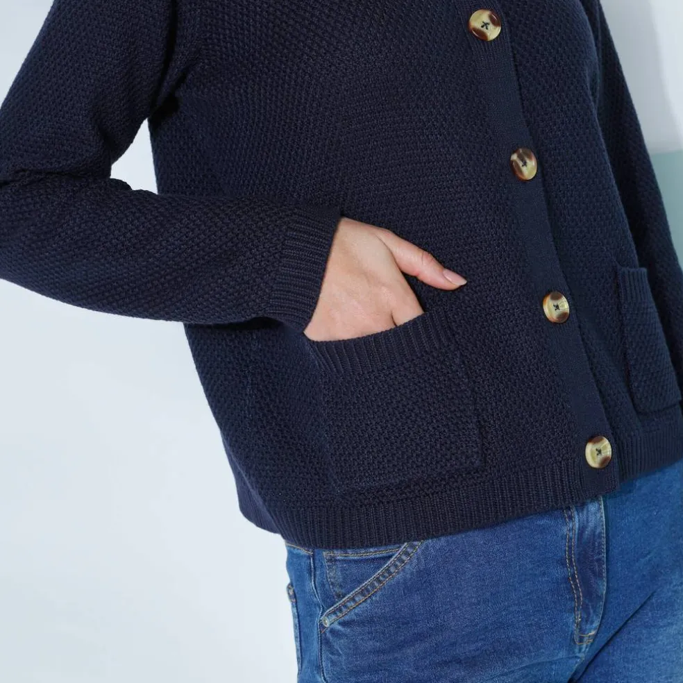 Gilet paletot maille fantaisie, boutons effet corne