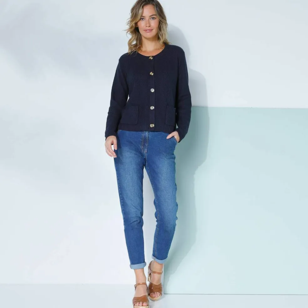 Gilet paletot maille fantaisie, boutons effet corne