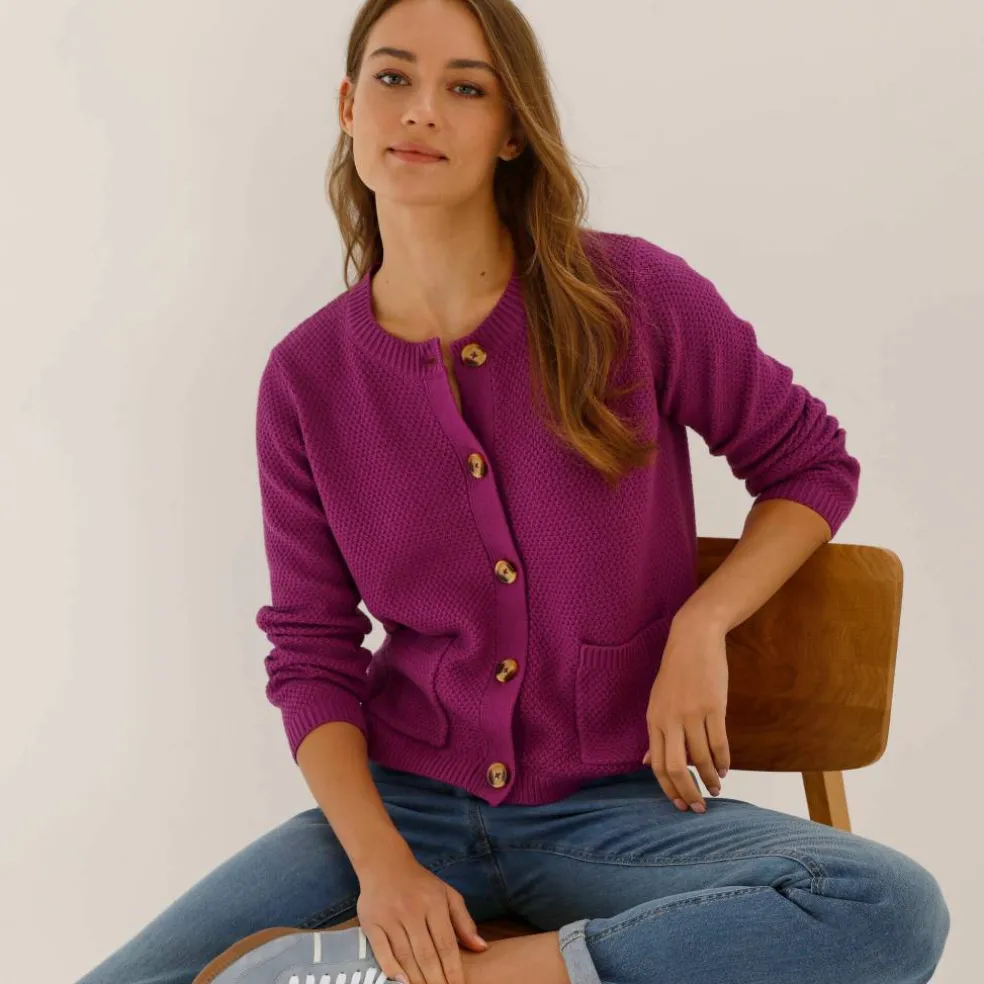 Gilet paletot maille fantaisie, boutons effet corne