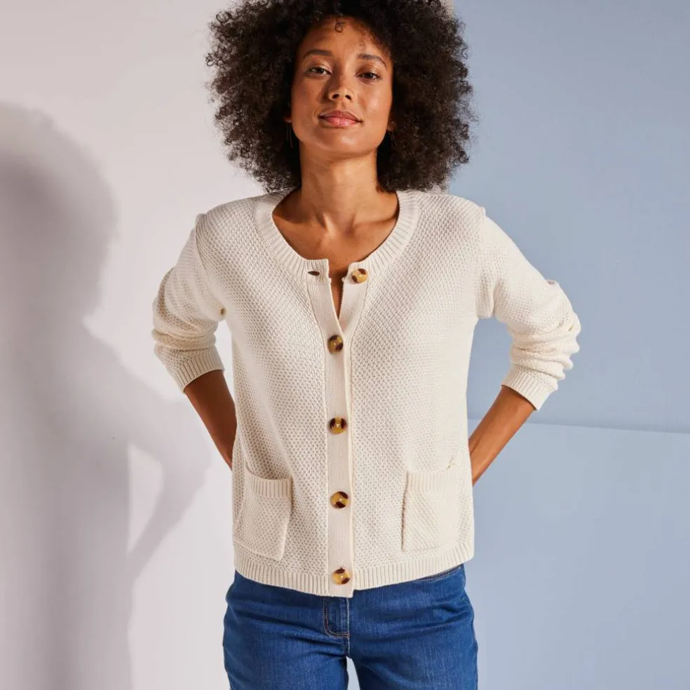 Gilet paletot maille fantaisie, boutons effet corne
