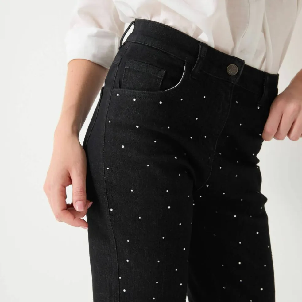 Jean noir coupe droite taille haute avec strass