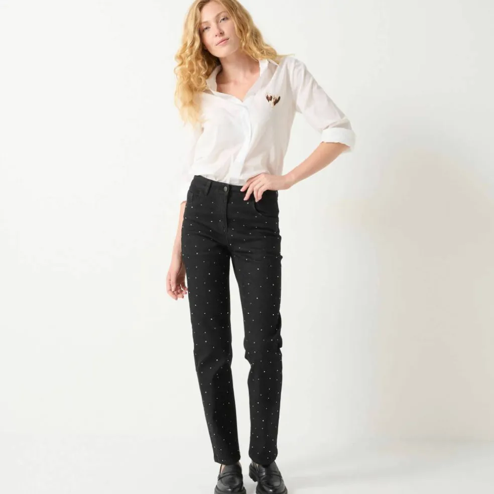 Jean noir coupe droite taille haute avec strass