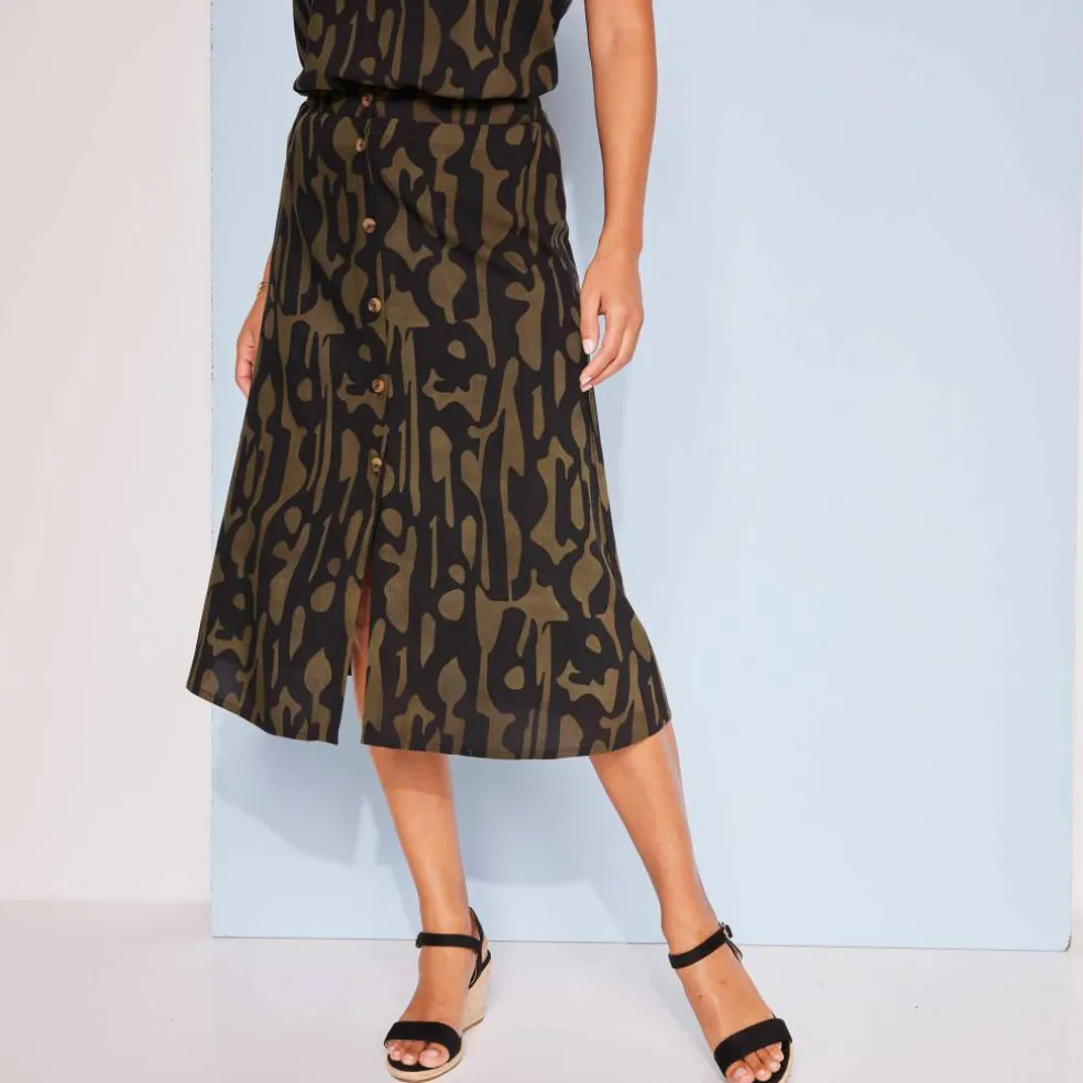 Jupe boutonnée fluide imprimé graphique, viscose