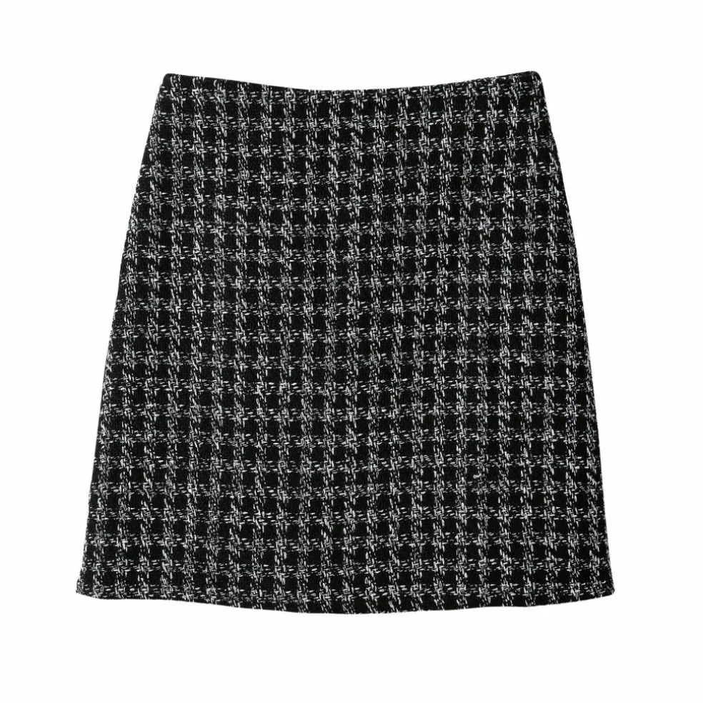 Jupe droite en tweed, à carreaux tissés-teints