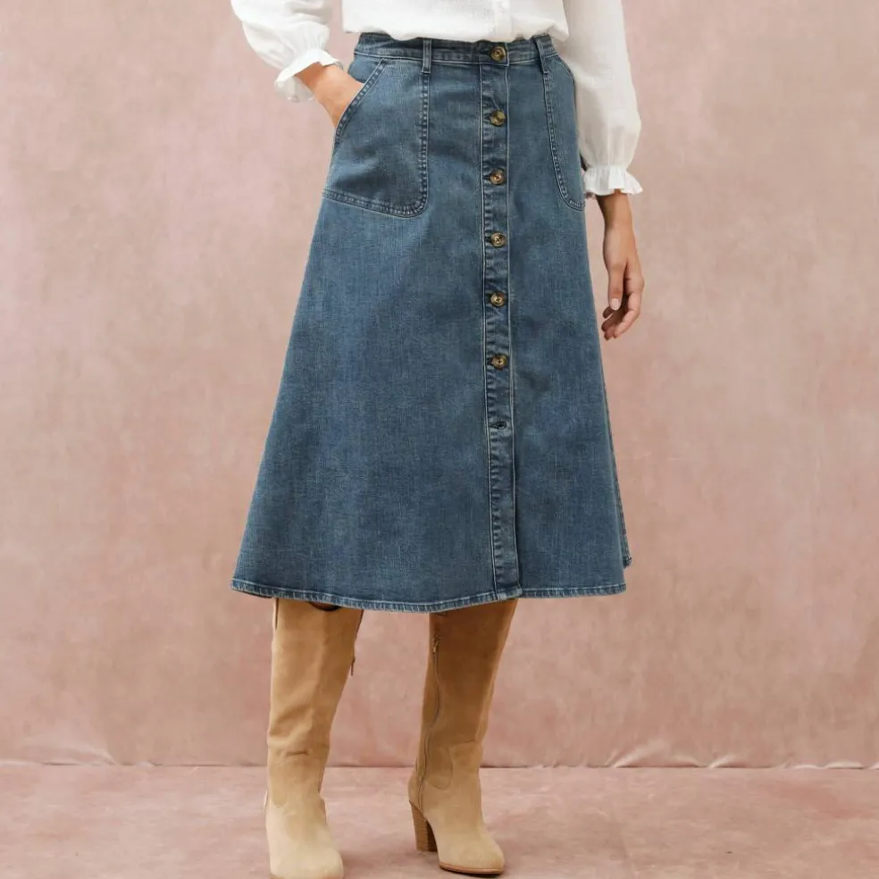 Jupe longue évasée boutonnée devant, denim stretch