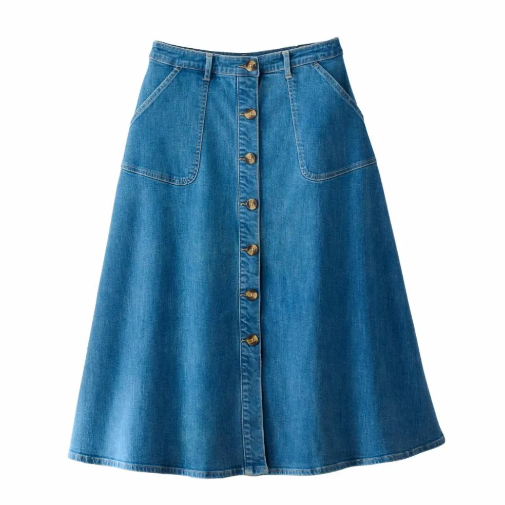 Jupe longue évasée boutonnée devant, denim stretch