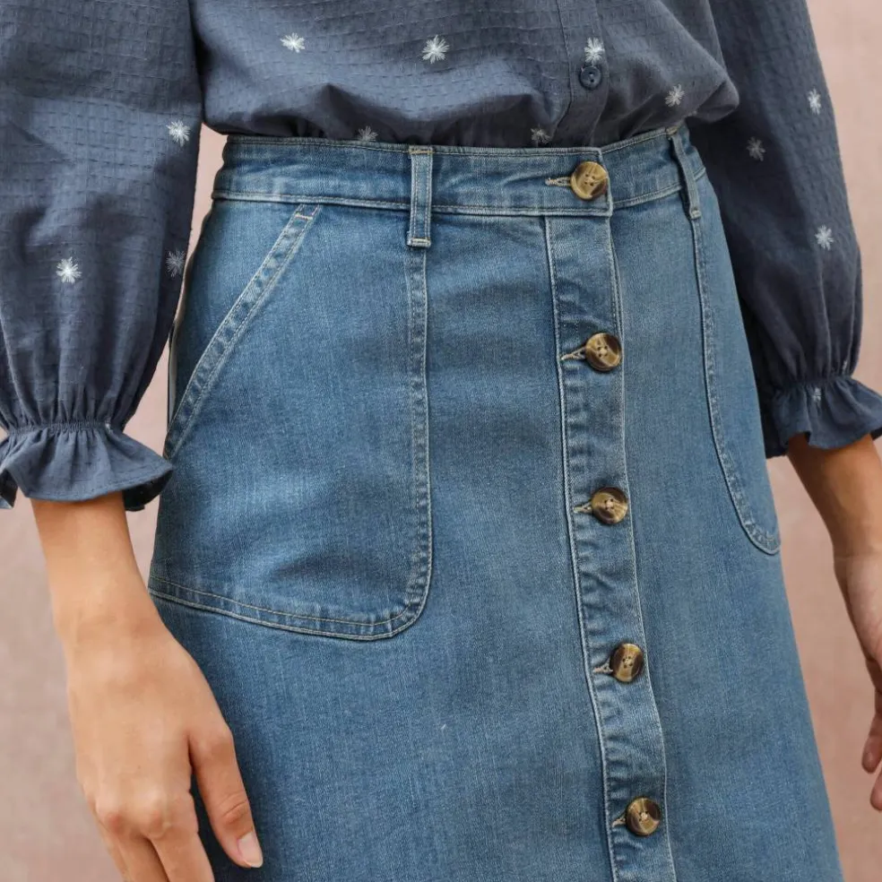 Jupe longue évasée boutonnée devant, denim stretch