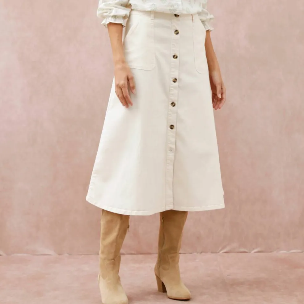 Jupe longue évasée boutonnée devant, twill stretch