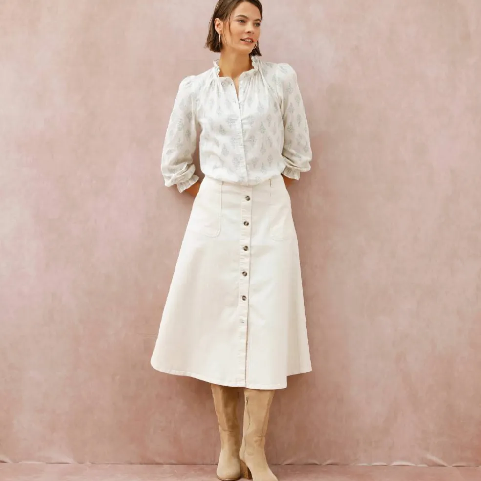 Jupe longue évasée boutonnée devant, twill stretch