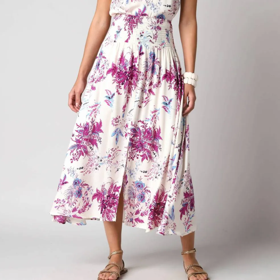 Jupe longue évasée imprimé floral, taille smockée