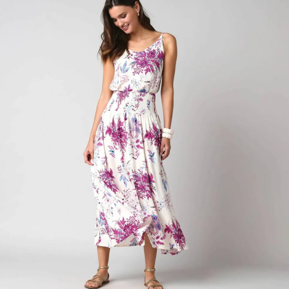 Jupe longue évasée imprimé floral, taille smockée