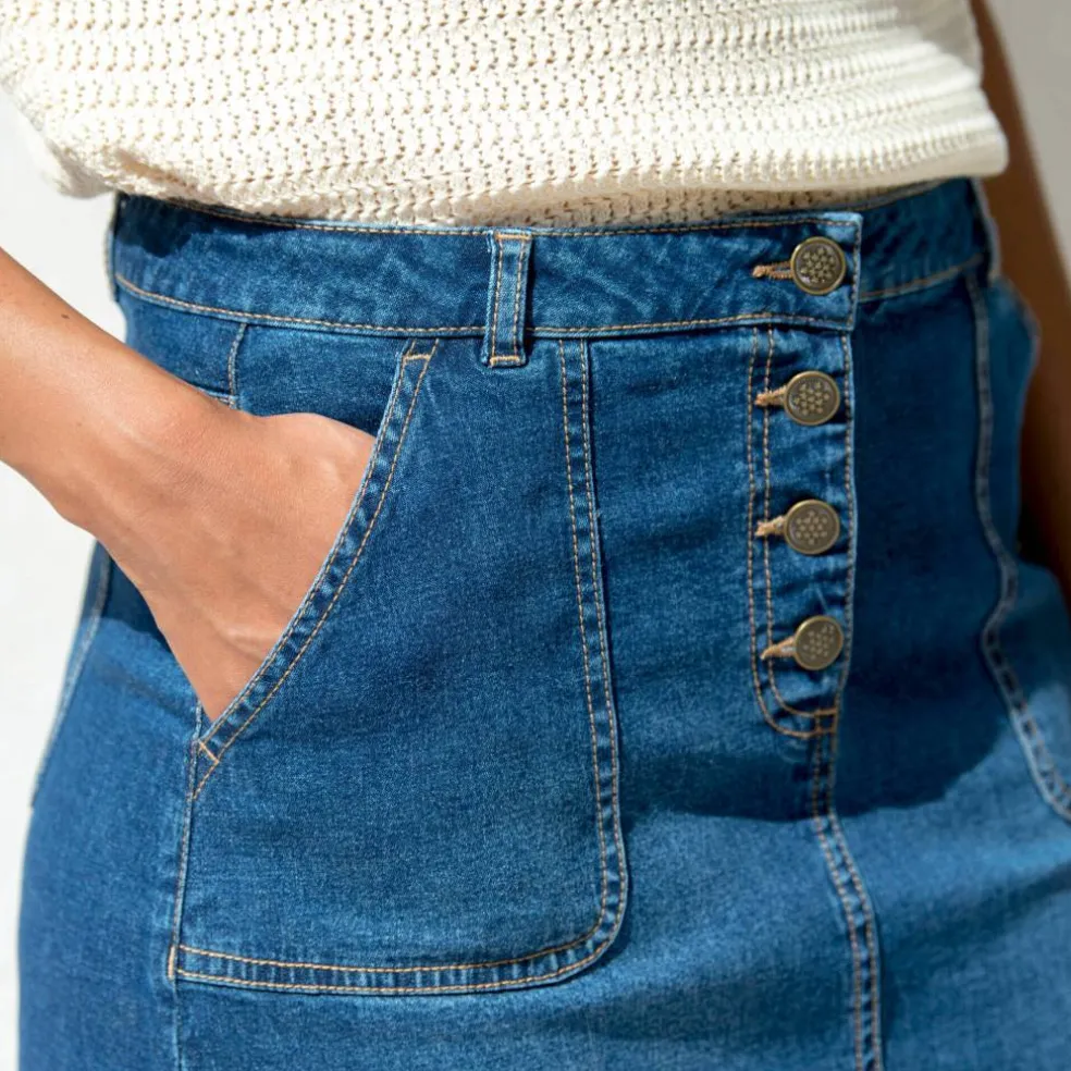 Jupe trapèze en jean, boutonnée