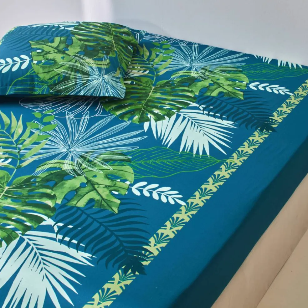 Linge de lit Cayenne en coton imprimé feuilles de palmiers