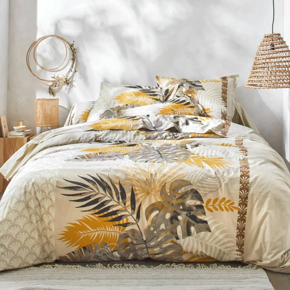 Linge de lit Cayenne en coton imprimé feuilles de palmiers