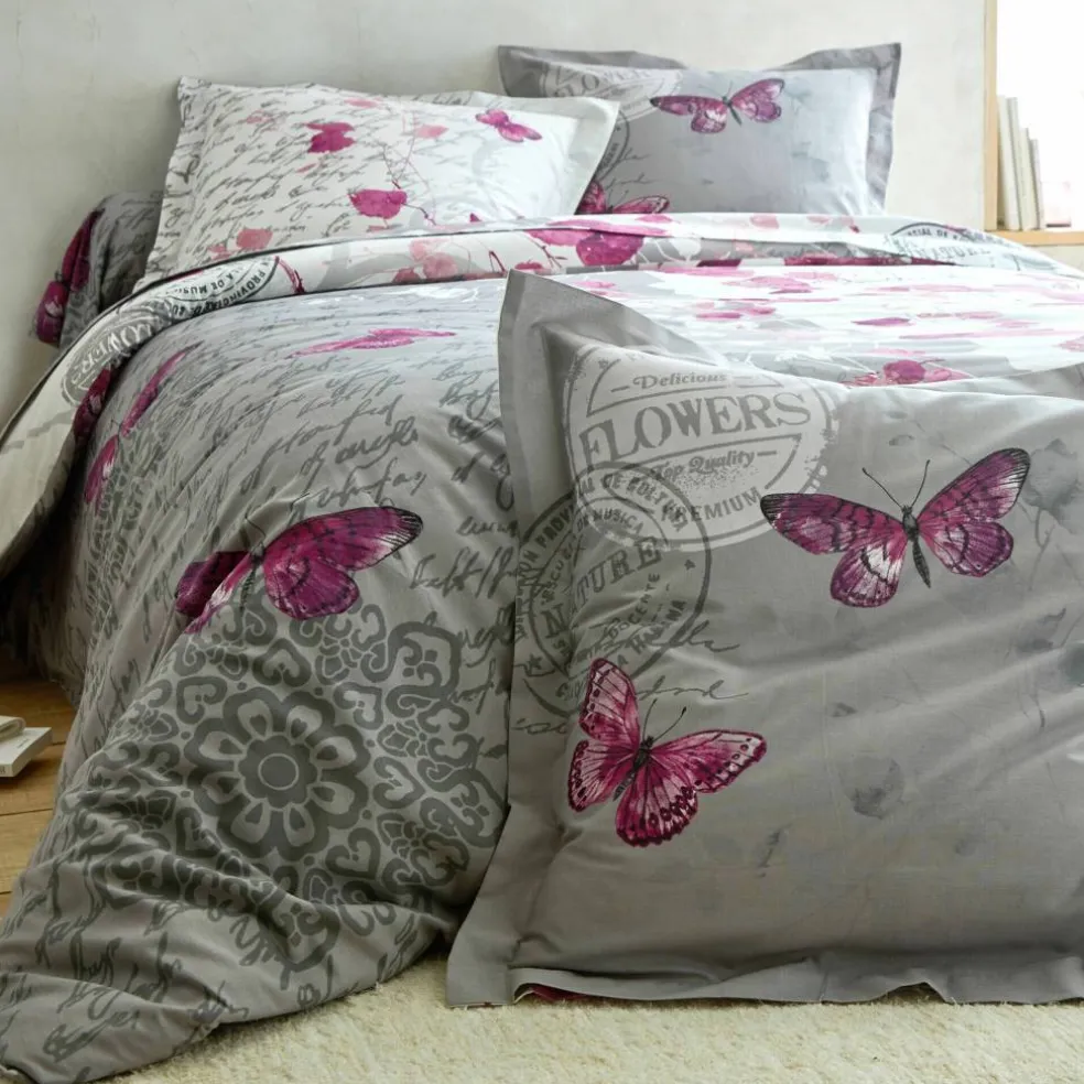 Linge de lit Célestine en coton imprimé fleurs et papillons