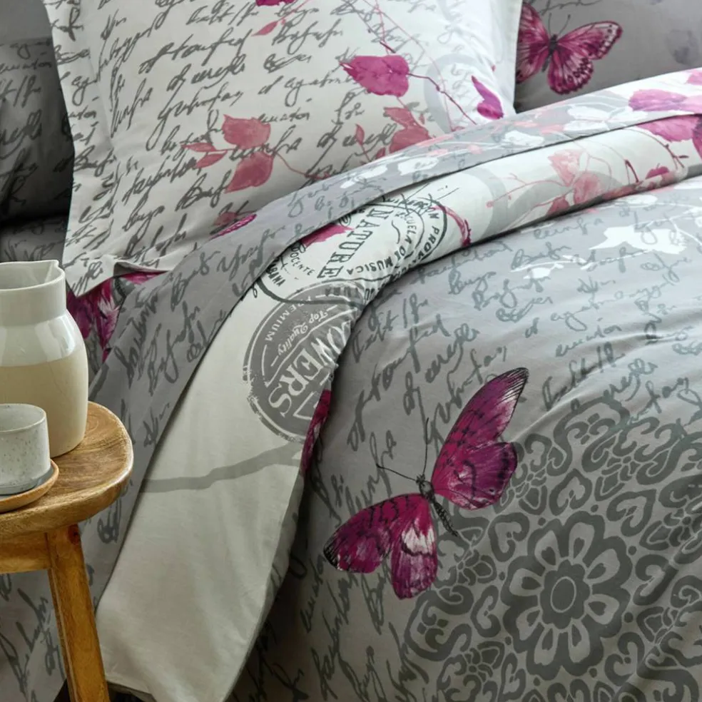 Linge de lit Célestine en coton imprimé fleurs et papillons