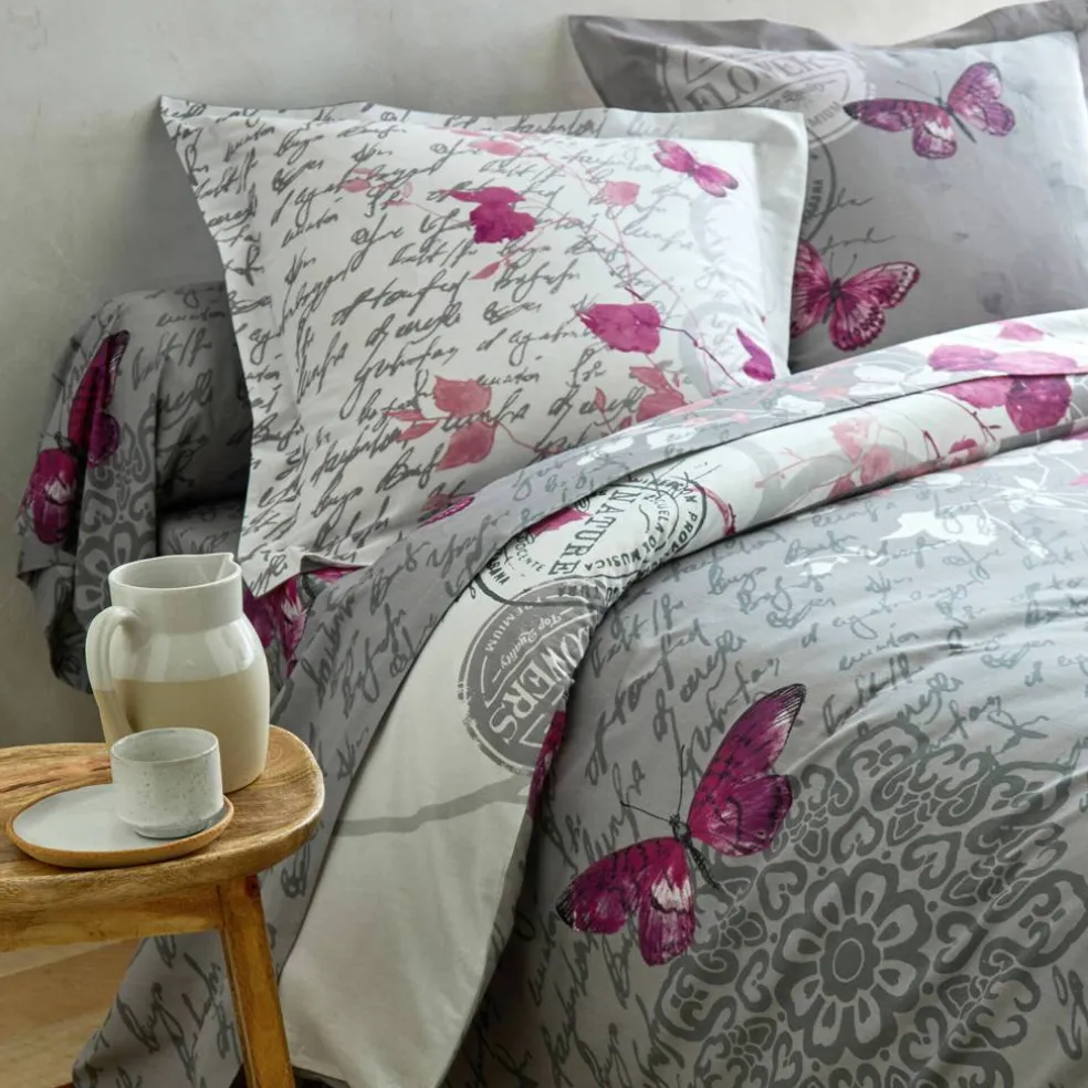 Linge de lit Célestine en coton imprimé fleurs et papillons