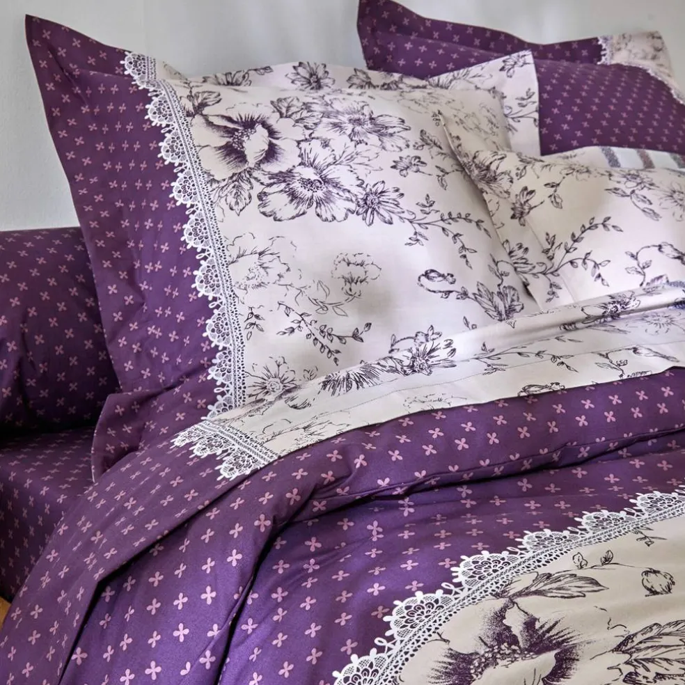 Linge de lit Gabrielle en coton imprimé pois, fleurs et dentelle