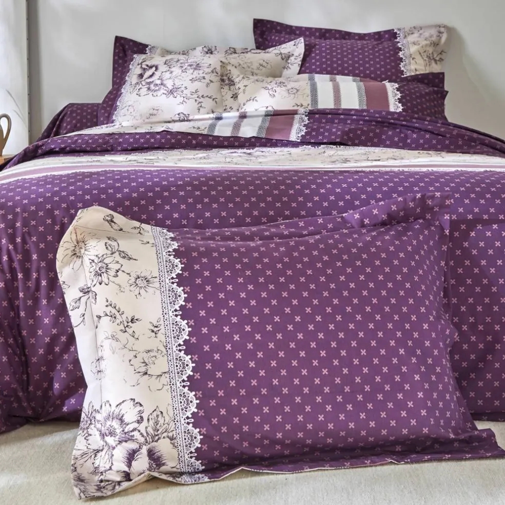 Linge de lit Gabrielle en coton imprimé pois, fleurs et dentelle