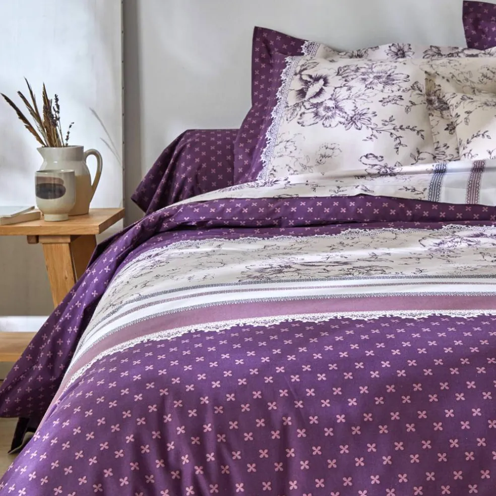 Linge de lit Gabrielle en coton imprimé pois, fleurs et dentelle