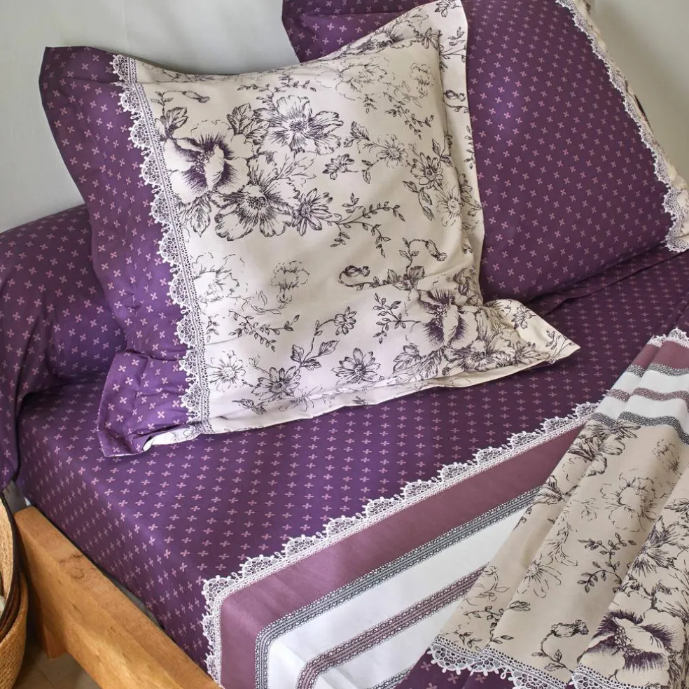 Linge de lit Gabrielle en coton imprimé pois, fleurs et dentelle