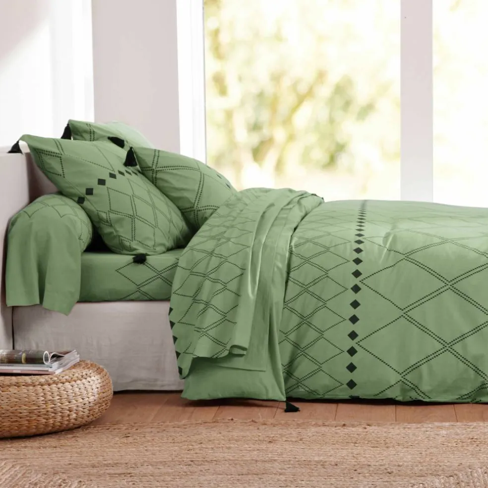 Linge de lit Massaï coton à motifs graphiques et finitions pompons