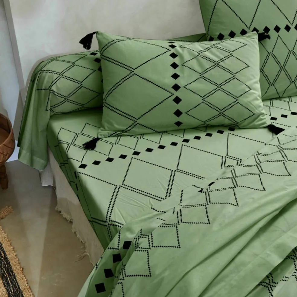 Linge de lit Massaï coton à motifs graphiques et finitions pompons