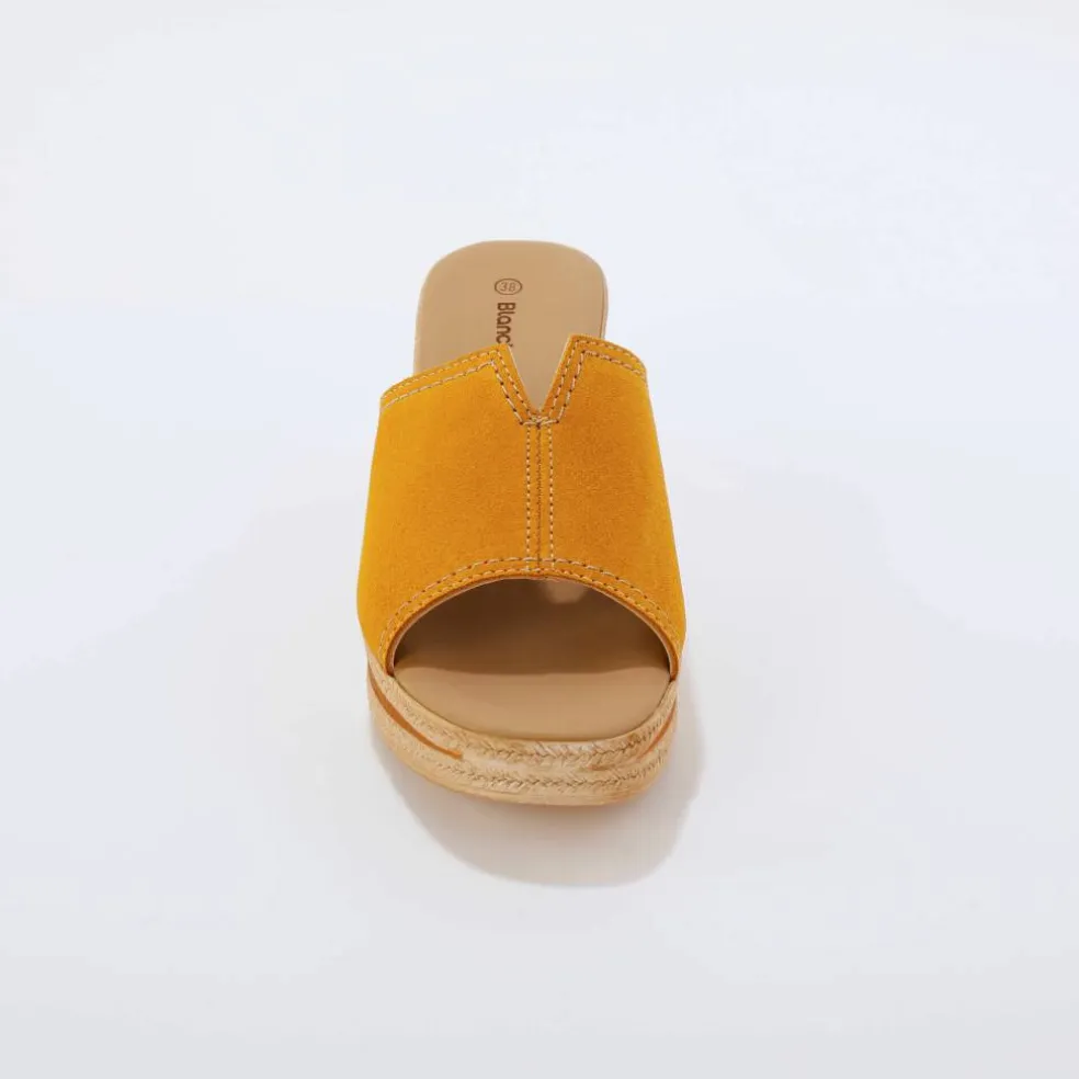 Mules compensées style sabot croûte de cuir