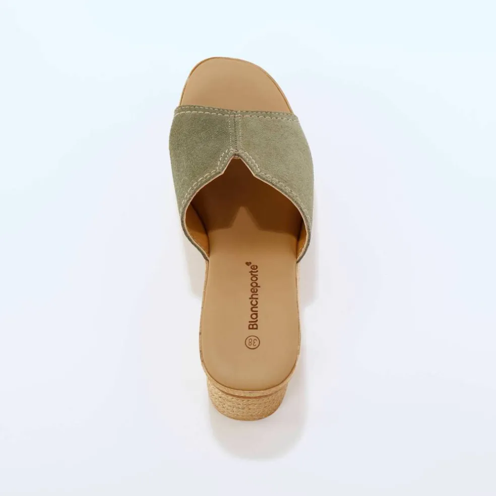 Mules compensées style sabot croûte de cuir
