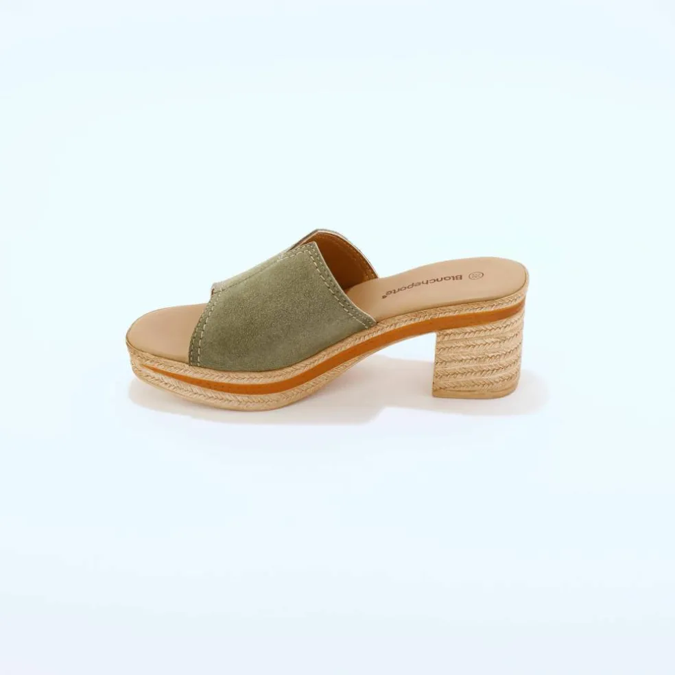 Mules compensées style sabot croûte de cuir
