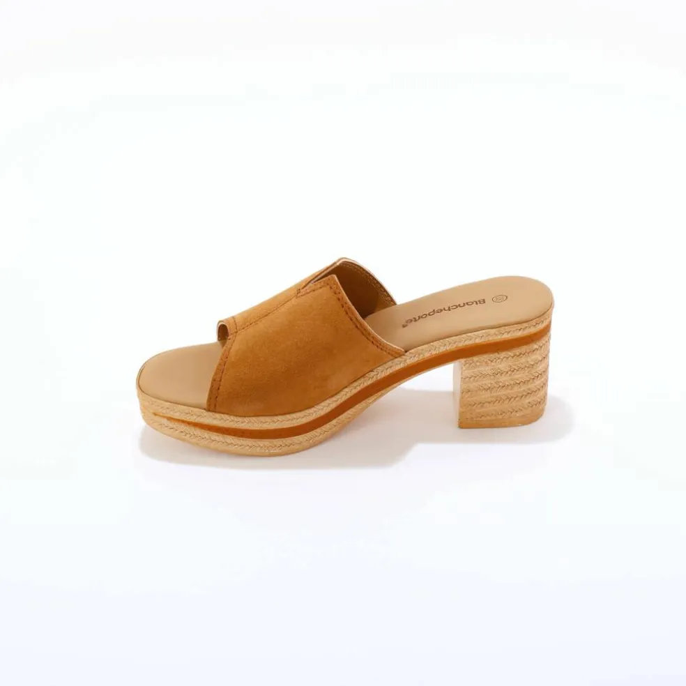 Mules compensées style sabot croûte de cuir