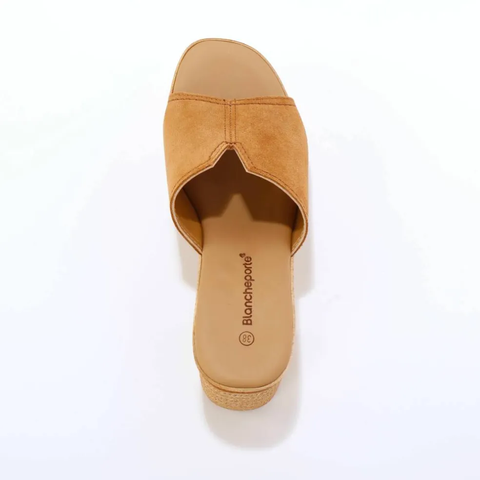 Mules compensées style sabot croûte de cuir