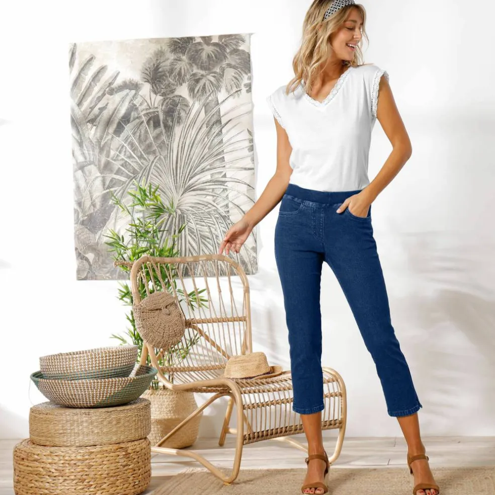 Pantacourt jean taille élastiquée