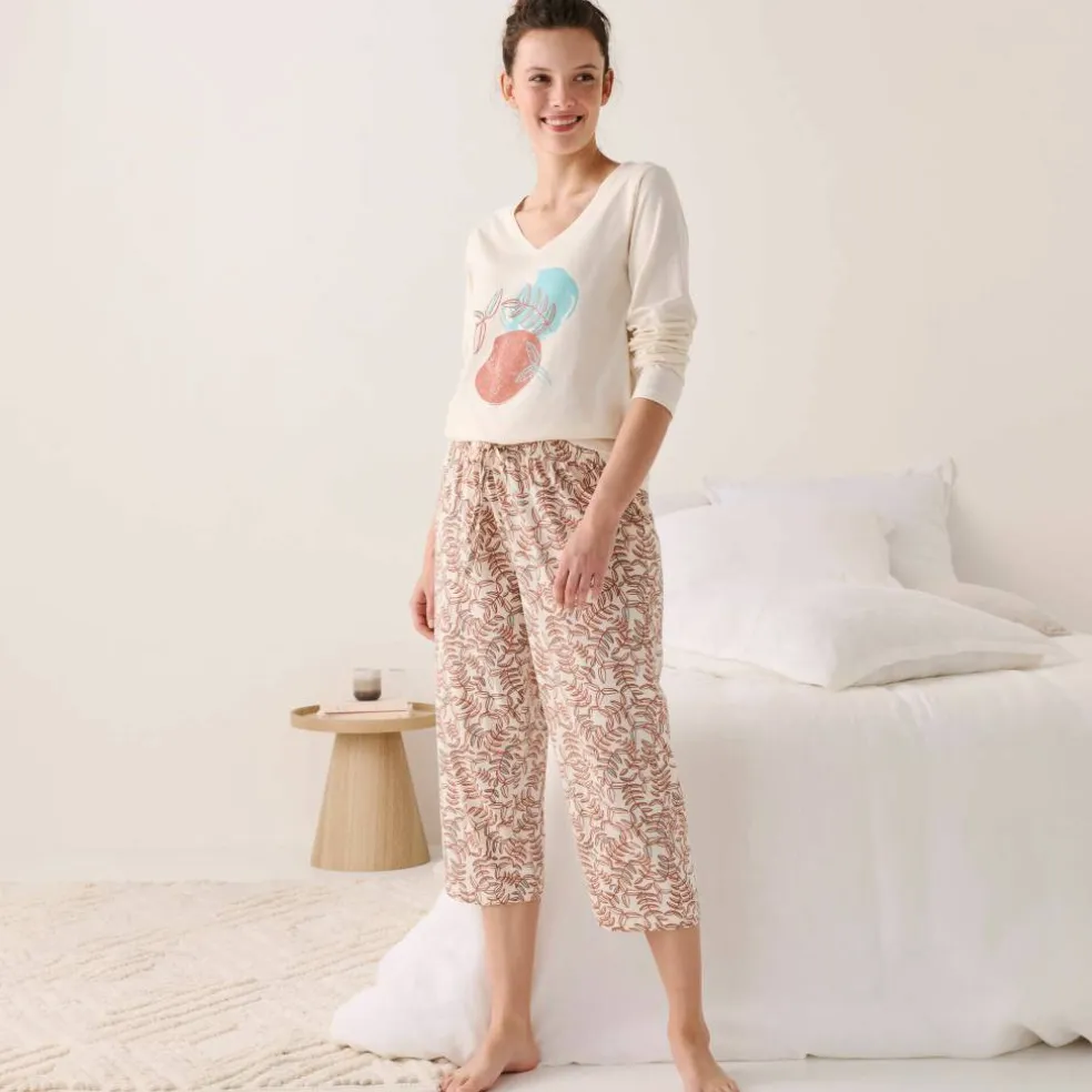 Pantacourt pyjama coton imprimé "feuillage" avec lien à nouer