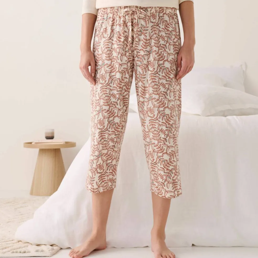 Pantacourt pyjama coton imprimé "feuillage" avec lien à nouer