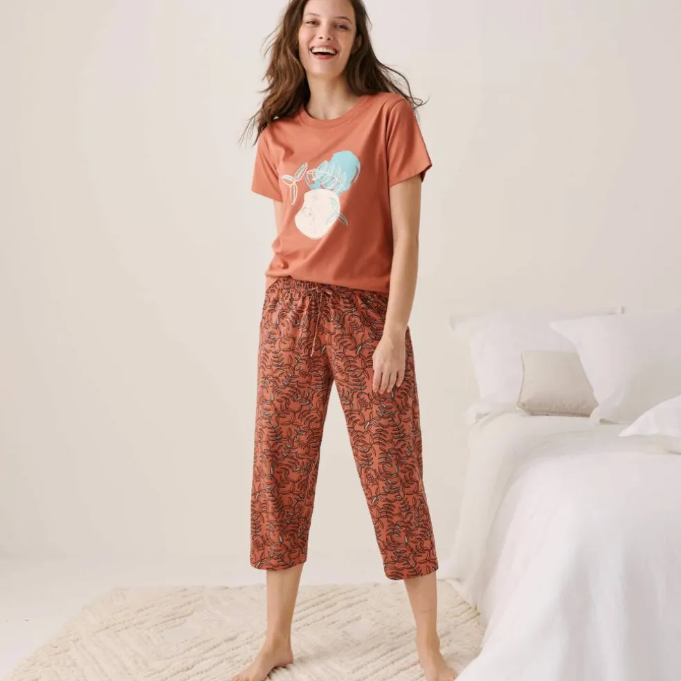 Pantacourt pyjama coton imprimé "feuillage" avec lien à nouer