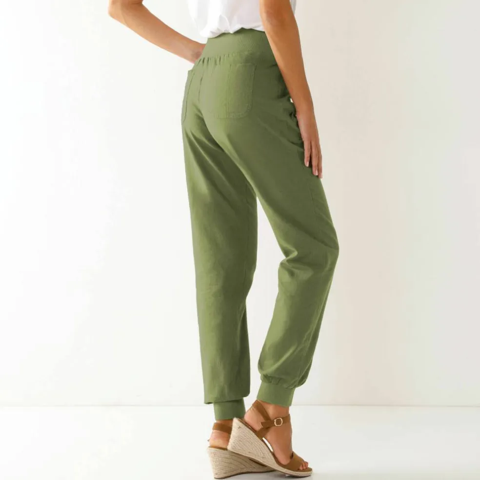 Pantalon blousant taille élastiquée, lin coton