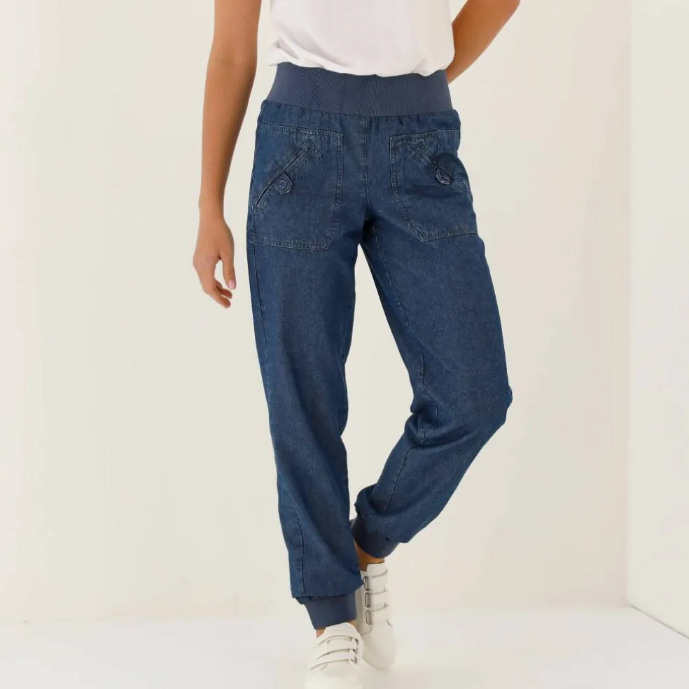 Pantalon blousant taille élastiquée, denim
